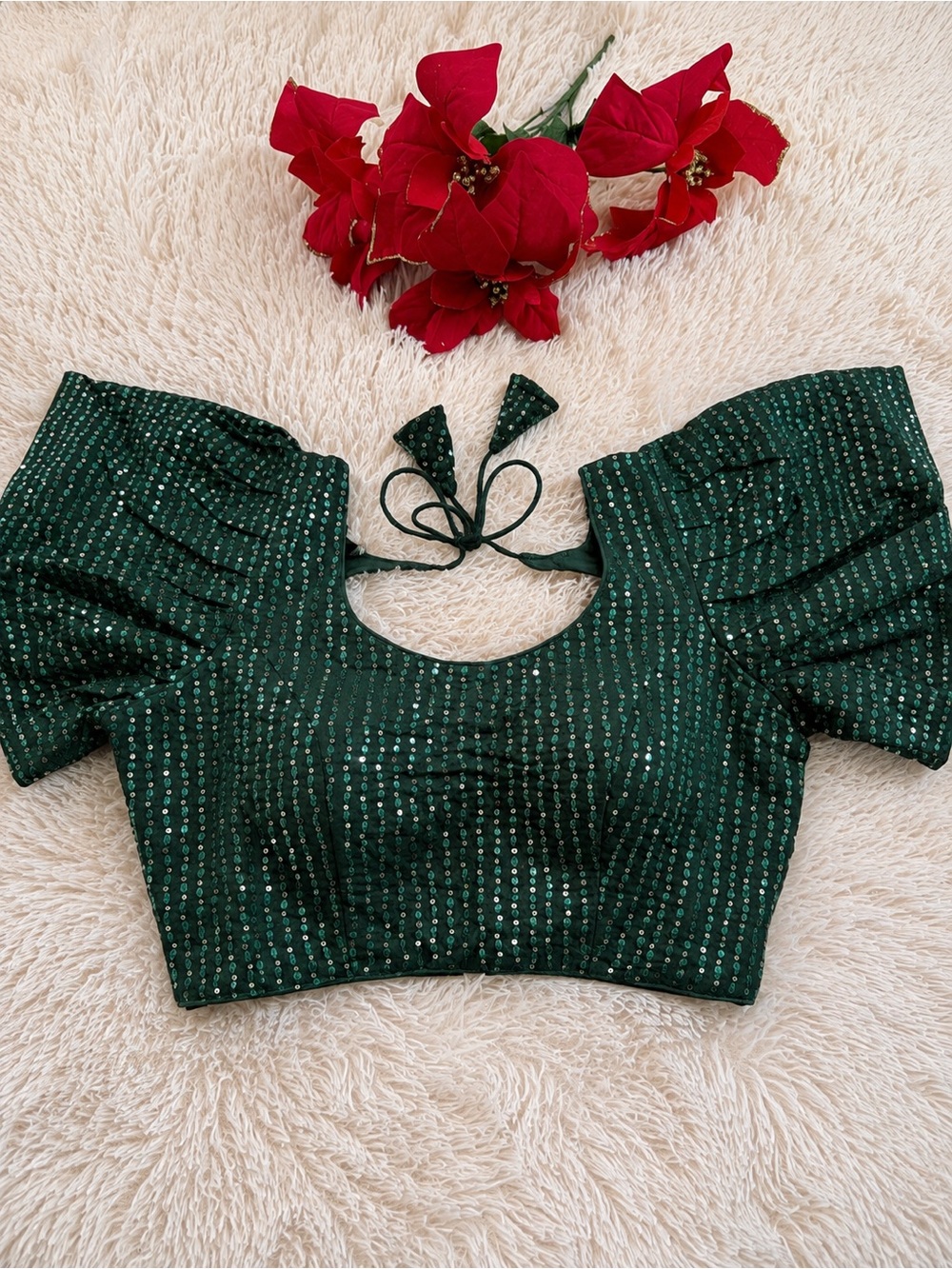 Green Sequin Puff-Sleeve blouse for saree,Bust - M (38”)